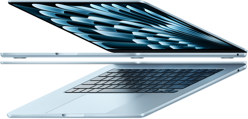 Due MacBook Air celesti aperti che riproducono la forma di una freccia, per evidenziare il profilo sottile