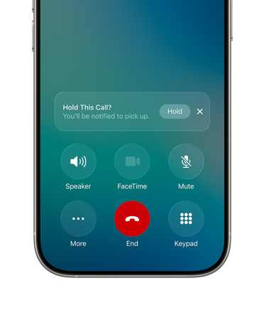 iPhone, bottom half of screen shows an active call with the new Hold Assist option and a Hold button notification