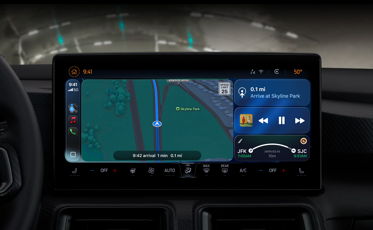 CarPlay in a car displaying directions on Maps, Apple Music, flight information and widgets