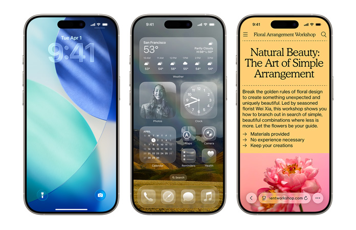 iPhone devices side by side, showing various new design elements across iOS, like the Lock Screen with translucent Liquid Glass time numerals and a Home Screen with Liquid Glass clear app icons