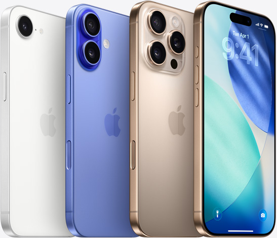 The camera-side of iPhone 16e in White, iPhone 16 in Ultramarine and iPhone 16 Pro in Desert Titanium in a layered pattern, and the Lock Screen of a iPhone 16 Pro in Desert Titanium