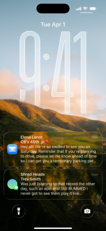 iPhone, five models, each model slightly overlapping the one next to it: far left screen shows a conversation with a background in Messages; second to the left screen shows Home Screen with colourful app icons; centre model shows Lock Screen with photo, numerals for time in Liquid Glass, two notifications appear on bottom of screen; second to the right model shows clear Liquid Glass app icons; far right model shows music player in Liquid Glass