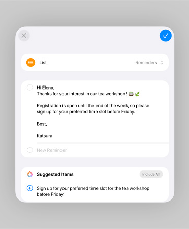 Lista en la app Recordatorios con recordatorios inteligentes y tareas sugeridas