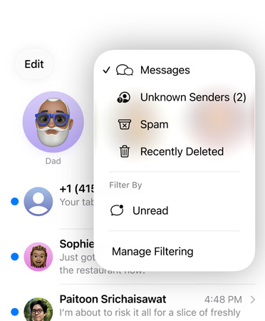 La app Mensajes muestra las nuevas herramientas que filtran números desconocidos y los ubica en una sección llamada Remitentes Desconocidos