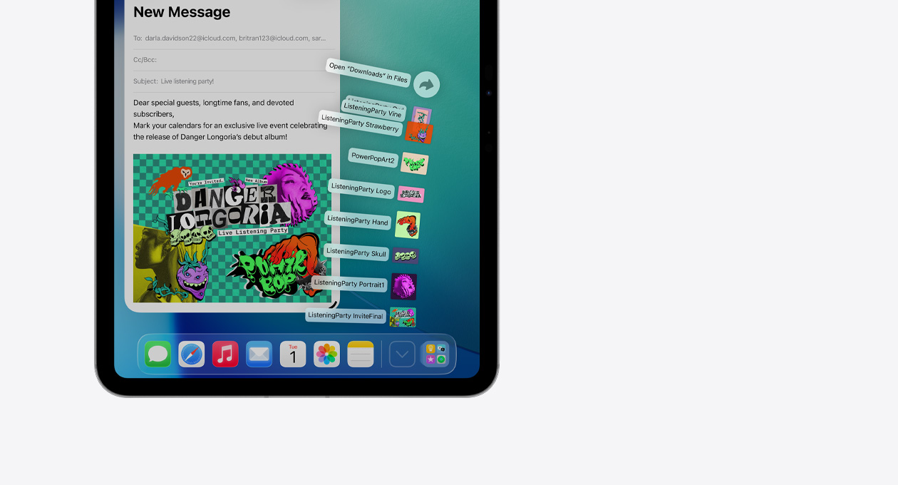 Primer plano de la app Dock en la parte inferior del dispositivo Apple con una serie de archivos desplegados en vertical