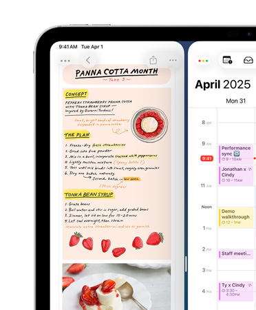 Un iPad, posición horizontal, la parte superior izquierda de la pantalla muestra las apps Notas y Calendario, dispuestas una al lado de la otra, como un ejemplo de la organización de ventanas en mosaico