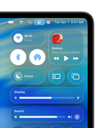 Macの画面右側のコントロールセンターに、Wi-FiやBluetoothなどのカスタムコントロールがLiquid Glassで表示されている
