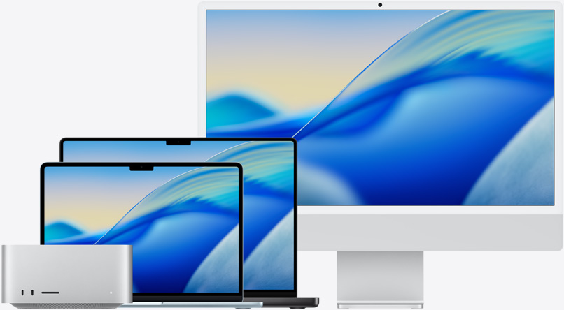 macOS Tahoeの壁紙を表示したMacモデルのファミリー。左から右に、Mac Studio、スカイブルーの13インチMacBook Air、スペースブラックの14インチMacBook Pro、シルバーの24インチiMac