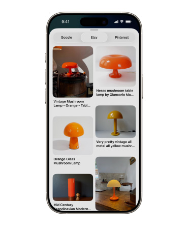 iPhone showing a grid of images featuring different mushroom lamps from Etsy; alongside are Google and Pinterest tabs