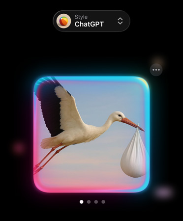 Genmoji screen with an image of a photorealistic stork carrying a bundle in its beak, showing options for custom image styles from ChatGPT