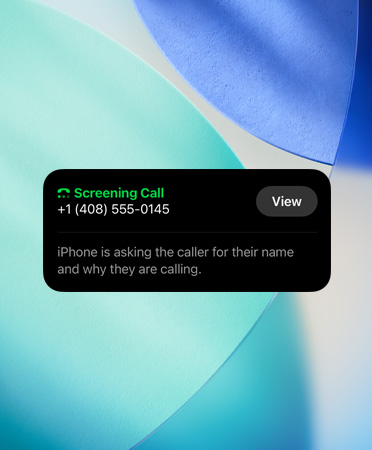 iPhone app widget showcasing the screening feature on an incoming call; new OS wallpaper set in the background