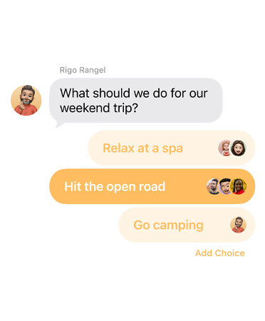 Close-up of the new polls feature in Messages with people in the group chat voting for where to take a weekend trip