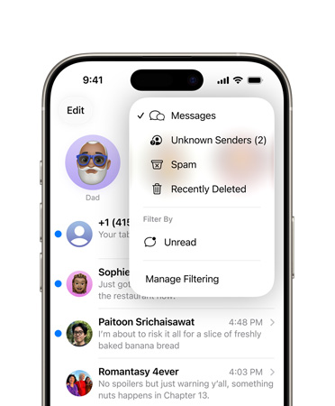 iPhone, top two-thirds showing Messages app with the new screening tools feature that now filters unknown numbers into a section called Unknown Senders