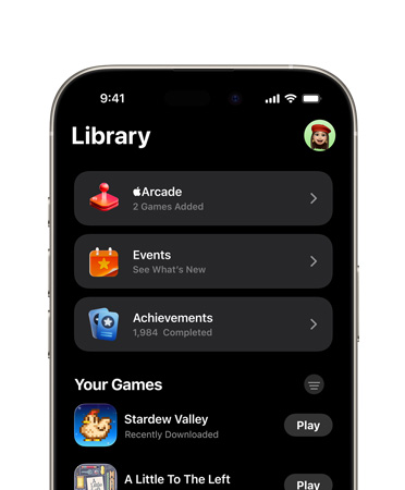 iPhone, top half of screen, showing Games app layout, including Library tab, Apple Arcade, Events, Achievements and All Games section