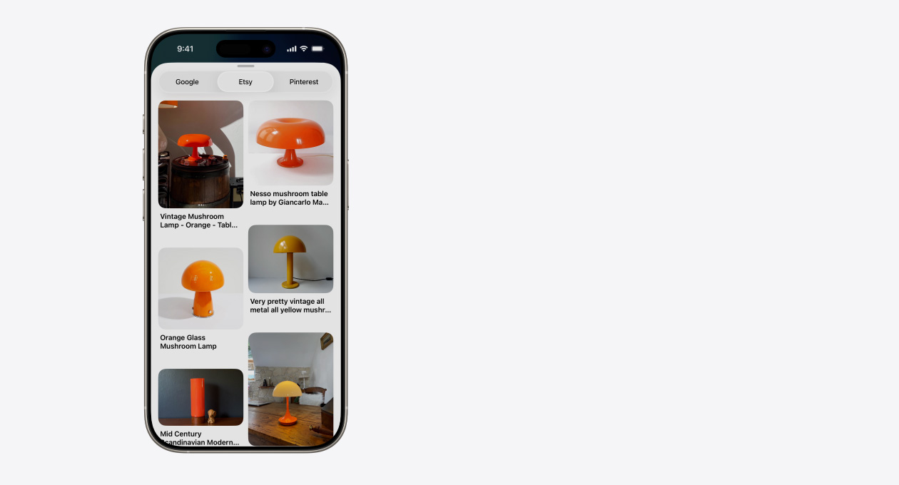 iPhone showing a grid of images featuring different mushroom lamps from Etsy; alongside are Google and Pinterest tabs
