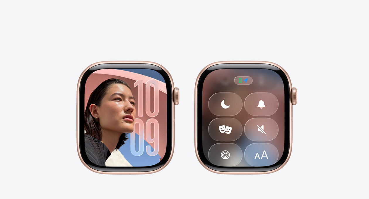 Un Apple Watch color oro rosa sin correa, en cuya pantalla se ven íconos translúcidos en Liquid Glass sobre un fondo que permite apreciar el nuevo diseño con Liquid Glass de watchOS 26