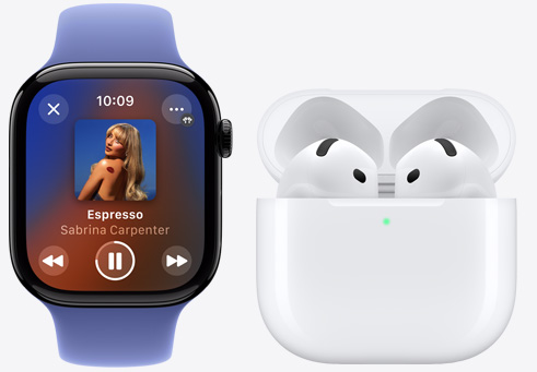 Un Apple Watch Series 10 reproduce una canción junto a unos AirPods 4.