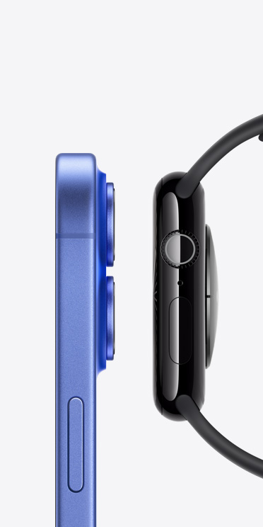 Imagen lateral de un iPhone 16 y un Apple Watch Series 10 uno junto al otro.