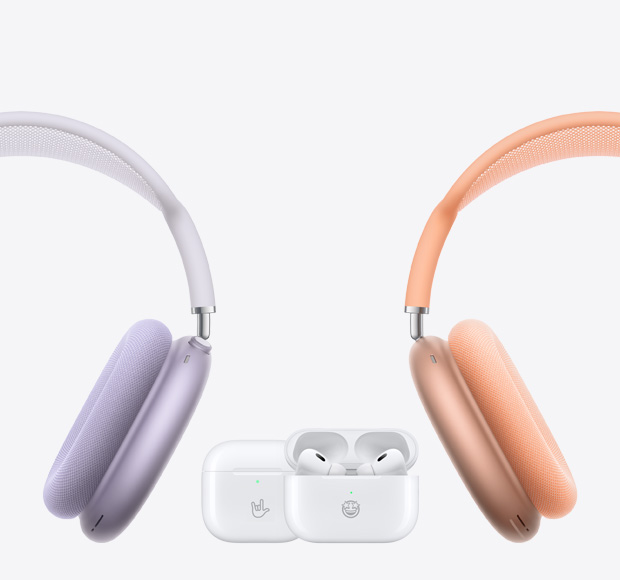 AirPods Max a la izquierda y a la derecha, y AirPods 4 y AirPods Pro 2 en el centro.
