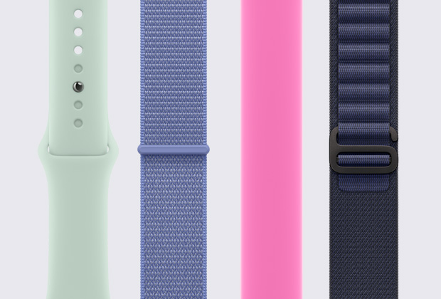 Varias correas diferentes para el Apple Watch puestas de forma vertical una al lado de la otra.