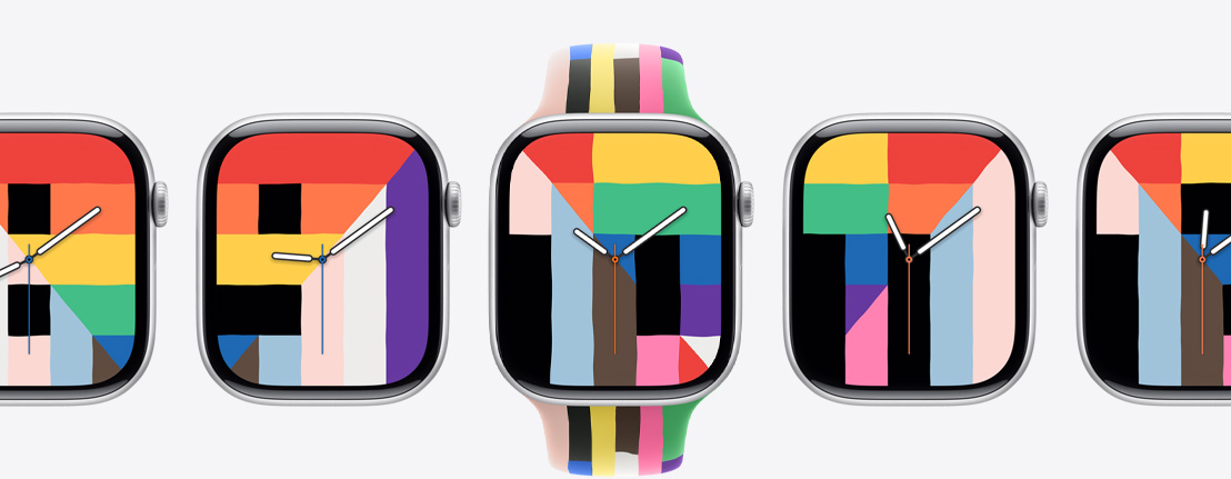 Dispositivos Apple Watch Series 10, carátula Orgullo y Armonía, rectángulos, triángulos y trapecios con colores sólidos del arcoíris y otros tonos forman los números de la hora, la carátula central se combina con la correa deportiva Edición Orgullo, seis franjas formadas a partir de finos rectángulos con los colores sólidos del arcoíris y otros tonos, bordes levemente irregulares
