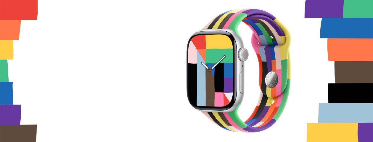Apple Watch Series 10, caja de aluminio color plata, Digital Crown, carátula Orgullo y Armonía, rectángulos, triángulos y trapecios con colores del arcoíris y otros tonos forman el número 10, las manecillas del reloj muestran la hora, correa deportiva Edición Orgullo, seis franjas formadas a partir de finos rectángulos con los colores sólidos del arcoíris y otros tonos, bordes levemente irregulares, franjas con colores sólidos de diversos tonos del arcoíris y diferentes formas rodean el reloj por ambos lados