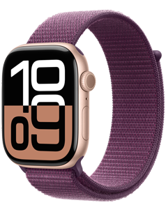 Un Apple Watch Series 10 con caja de aluminio color oro rosa y correa loop deportiva color ciruela.