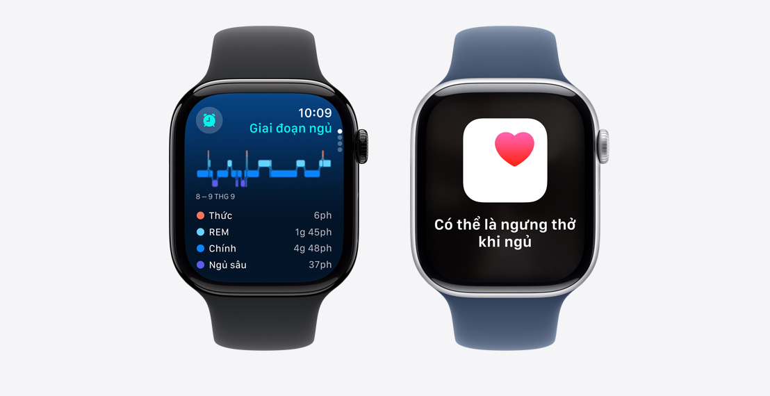 Hai chiếc Apple Watch Series 10. Chiếc đầu tiên hiển thị thông báo cho biết ai đó đã đạt được mục tiêu về giấc ngủ. Chiếc thứ hai hiển thị dữ liệu về các Giai Đoạn Ngủ.