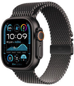 Apple Watch Ultra 2 với vỏ titan đen và Dây Quấn Milan Titan Đen.