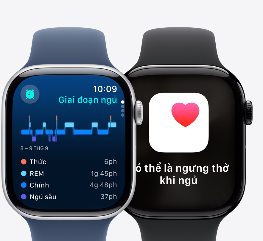 Mặt trước của hai chiếc Apple Watch Series 10 hiển thị màn hình Các Giai Đoạn Ngủ và thông báo Có Thể Ngưng Thở Khi Ngủ.